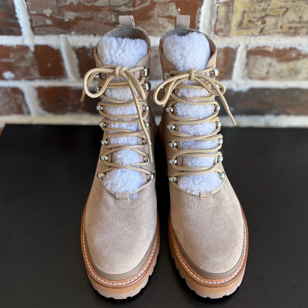 Marc Fisher Lizzie Creamy Tan Suede Lace Up Boots Lambs Wool Size 5.5